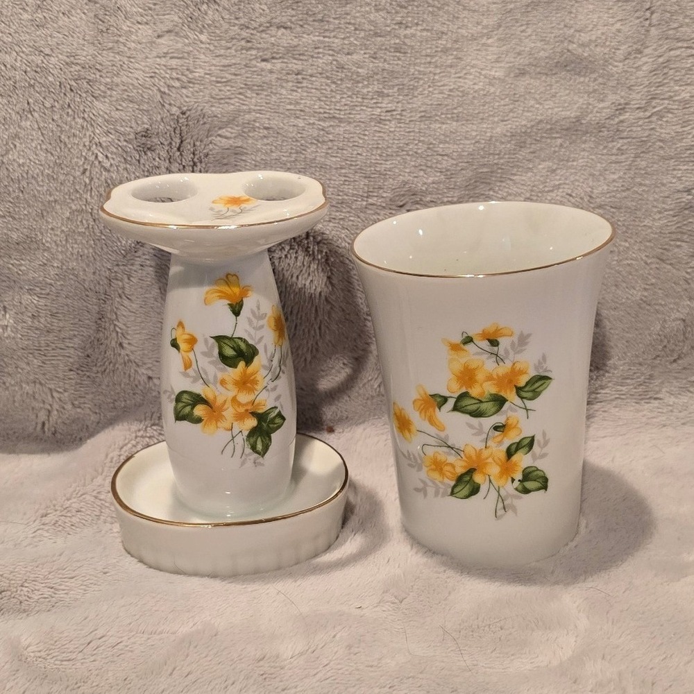 Vintage Midcentury Ceramic Floral Toothbrush Holder and Cup Yellow Flowers Japan